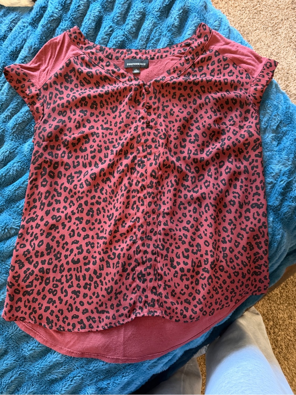 Red Leopard-Print Short Sleeve Tee with Button Detail